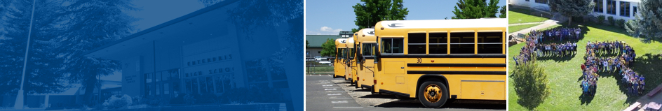 From left to right: Enterprise High School front office, School buses lined up, Fall River Students on lawn
