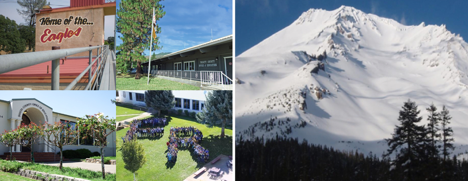 From left to right: Bleachers, Trinity County Office of Education building, Mount Shasta covered in snow, Shasta County Office of Education entrance, Fall River Students on lawn