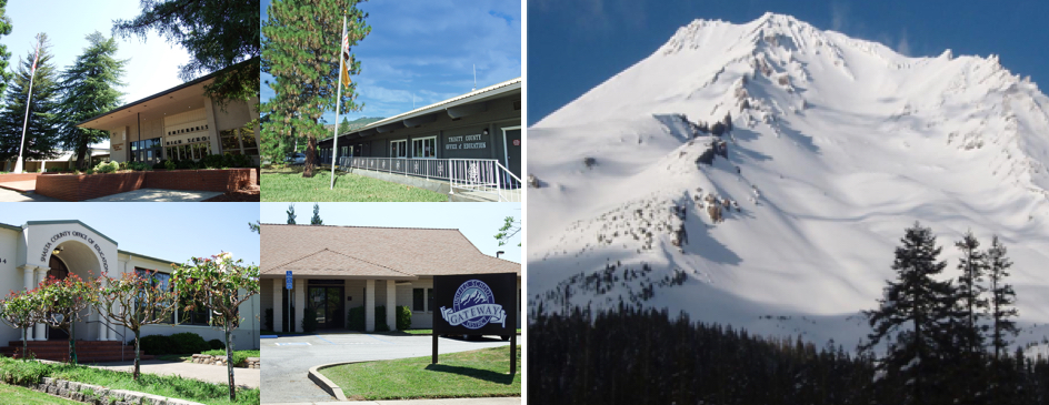 From left to right: Enterprise High School front office, Trinity County Office of Education building, Mount Shasta covered in snow, Shasta County Office of Education entrance, Gateway School District Office Sign